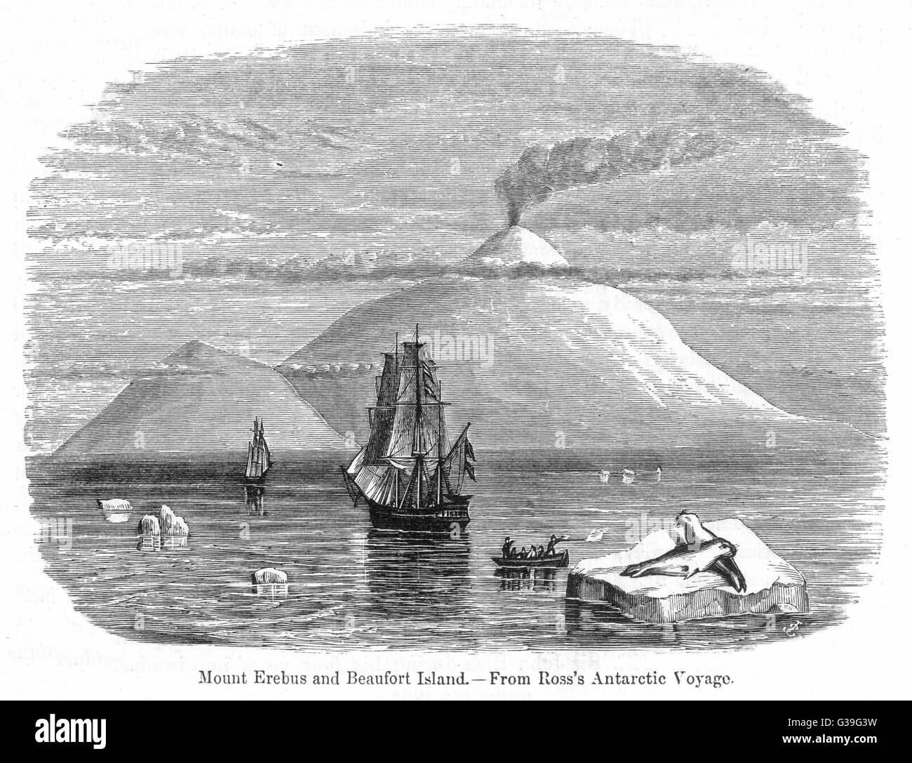 El "Erebus" y "Terror" en aguas abiertas fuera de la isla James Ross, con el volcán activo, el Monte Erebus en la distancia Fecha: 1842 Foto de stock