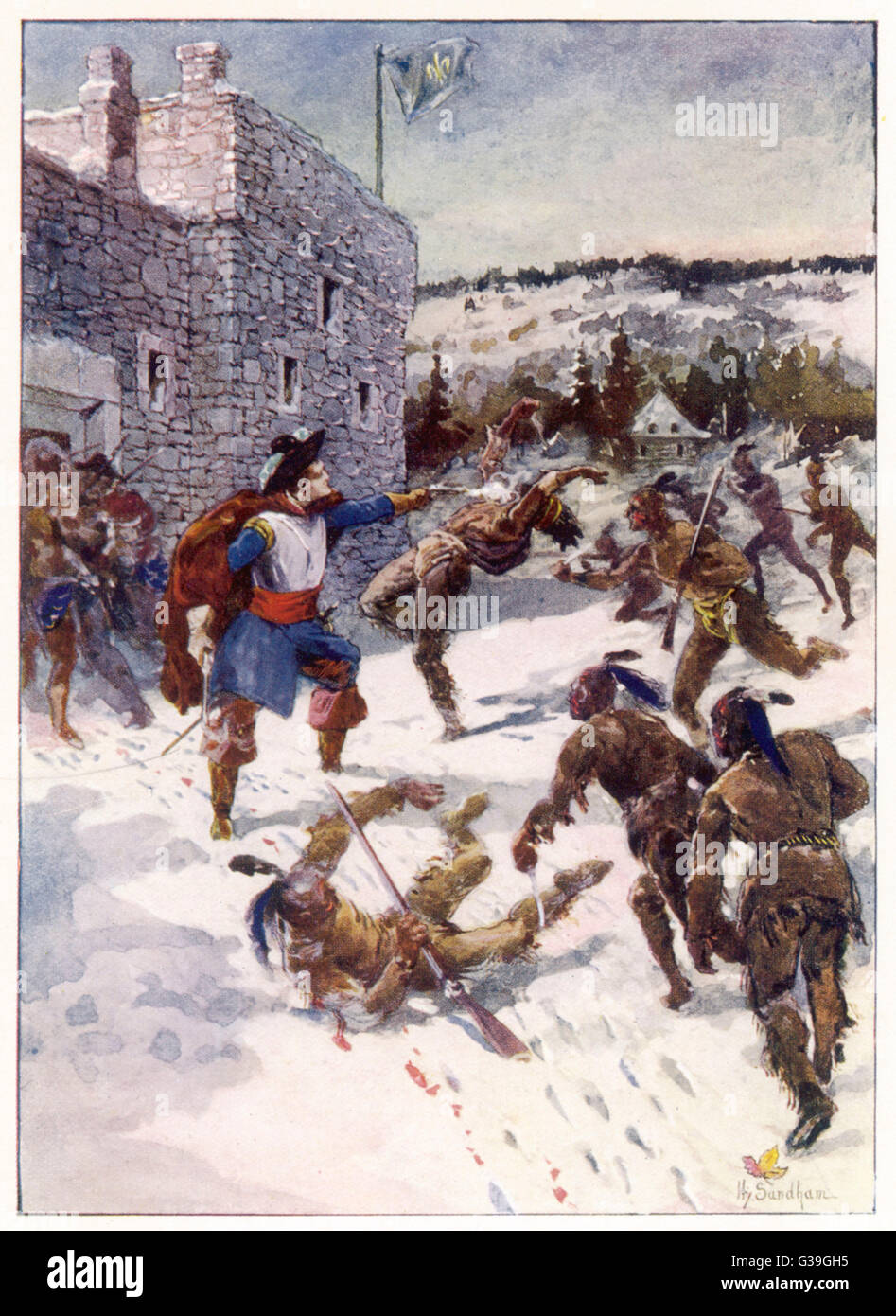 MONTREAL Maisonneuve defiende Ville Marie (Montreal) contra los Iroqueses Fecha: 1644 Foto de stock