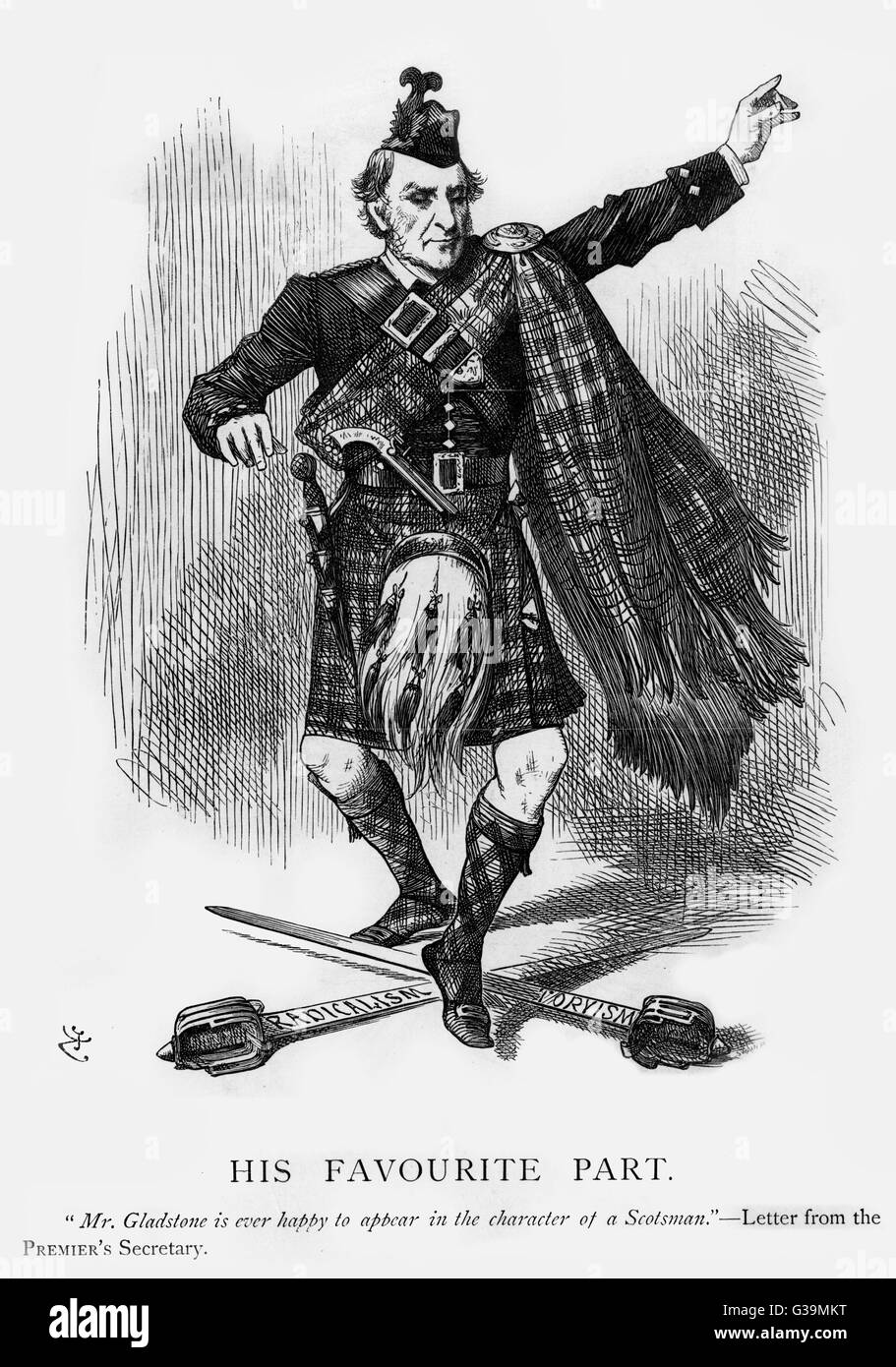 WILLIAM Ewart Gladstone MP Liberal y Primer Ministro Espada Escocesa representado como un bailarín, sobre la fuerza de su ascendencia escocesa Fecha: 1809 - 1898 Foto de stock