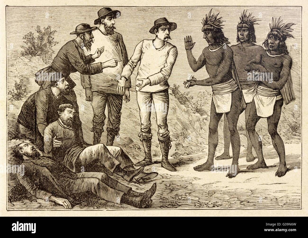Los nativos peruanos explicar a los ciudadanos europeos que la quinina es lo que sus compañeros enfermos Fecha de necesidad: circa 1880 Foto de stock