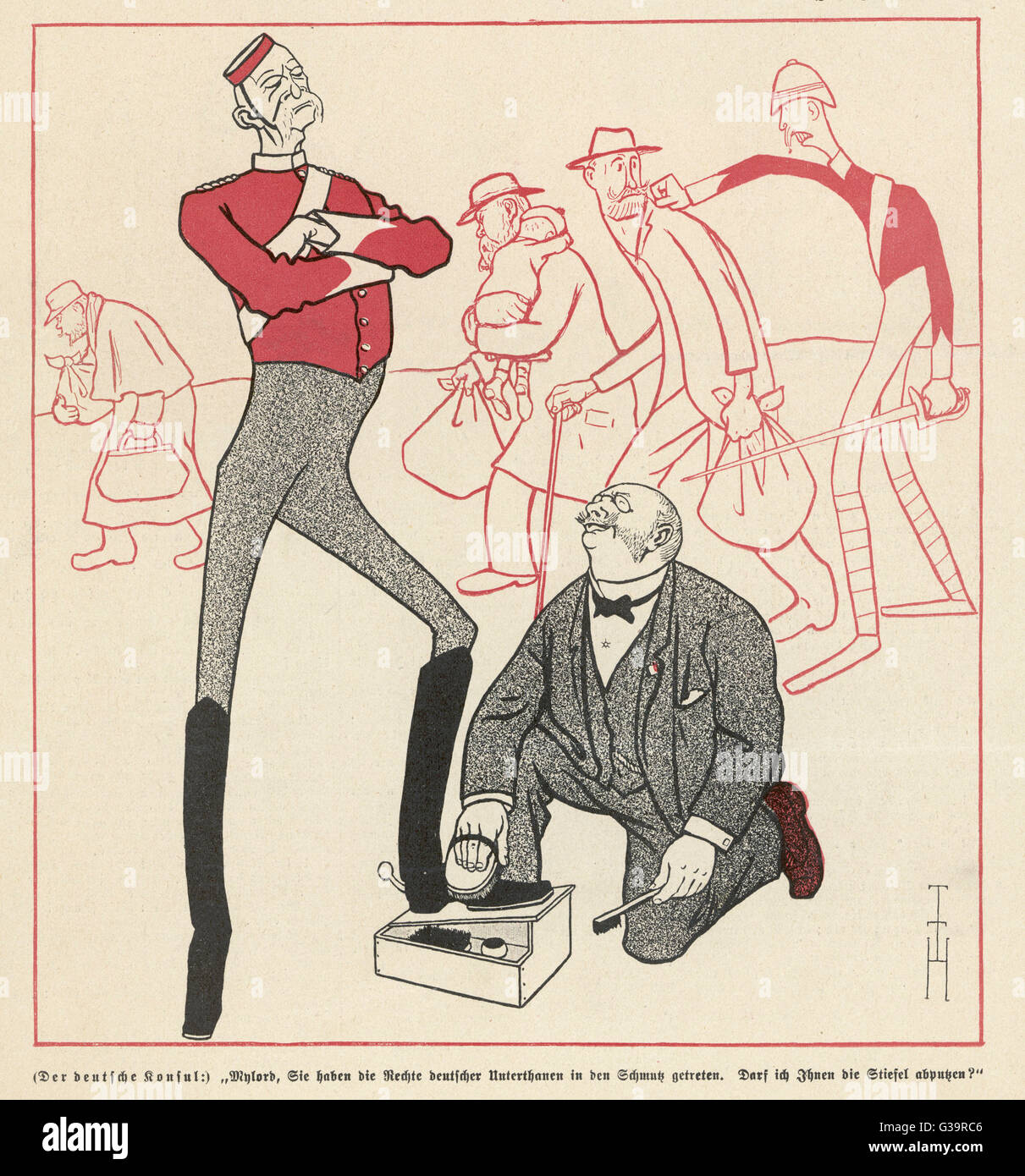 Dibujos animados cónsul alemán: "mi Señor, has andado los derechos de sujetos alemán en la suciedad. ¿Puedo limpiar tus botas?" Fecha: 1900 Foto de stock
