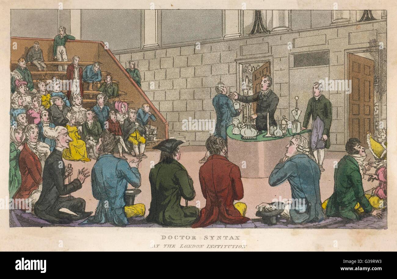 Sintaxis Dr asiste a una conferencia científica en la institución de Londres. Fecha: 1820 Foto de stock