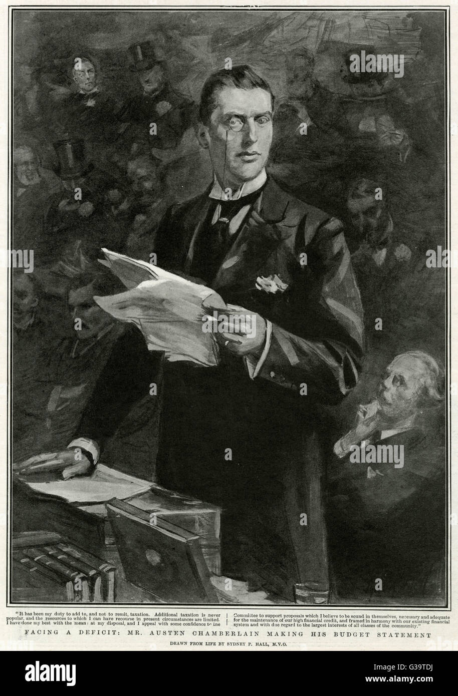 SIR Austen Chamberlain político británico haciendo su presentación del presupuesto como Canciller del Exchequer Fecha: 1863 - 1937 Foto de stock