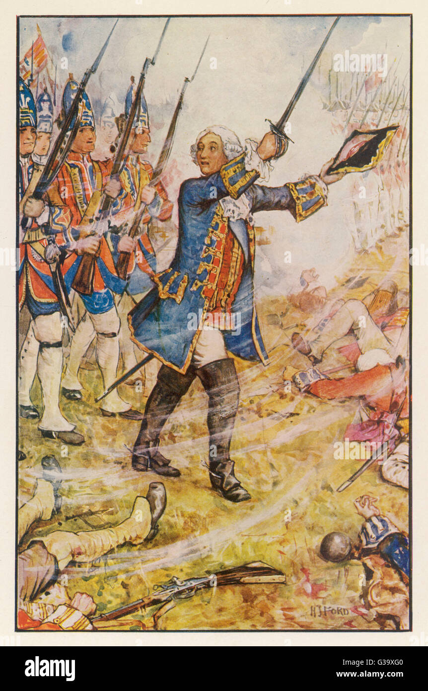 Batalla de DETTINGEN George II, rey de Inglaterra, conduce a sus hombres a la batalla, logró derrotar a un ejército francés mucho mayor: él es el último rey inglés para hacer esta fecha: 27 de junio de 1743 Foto de stock