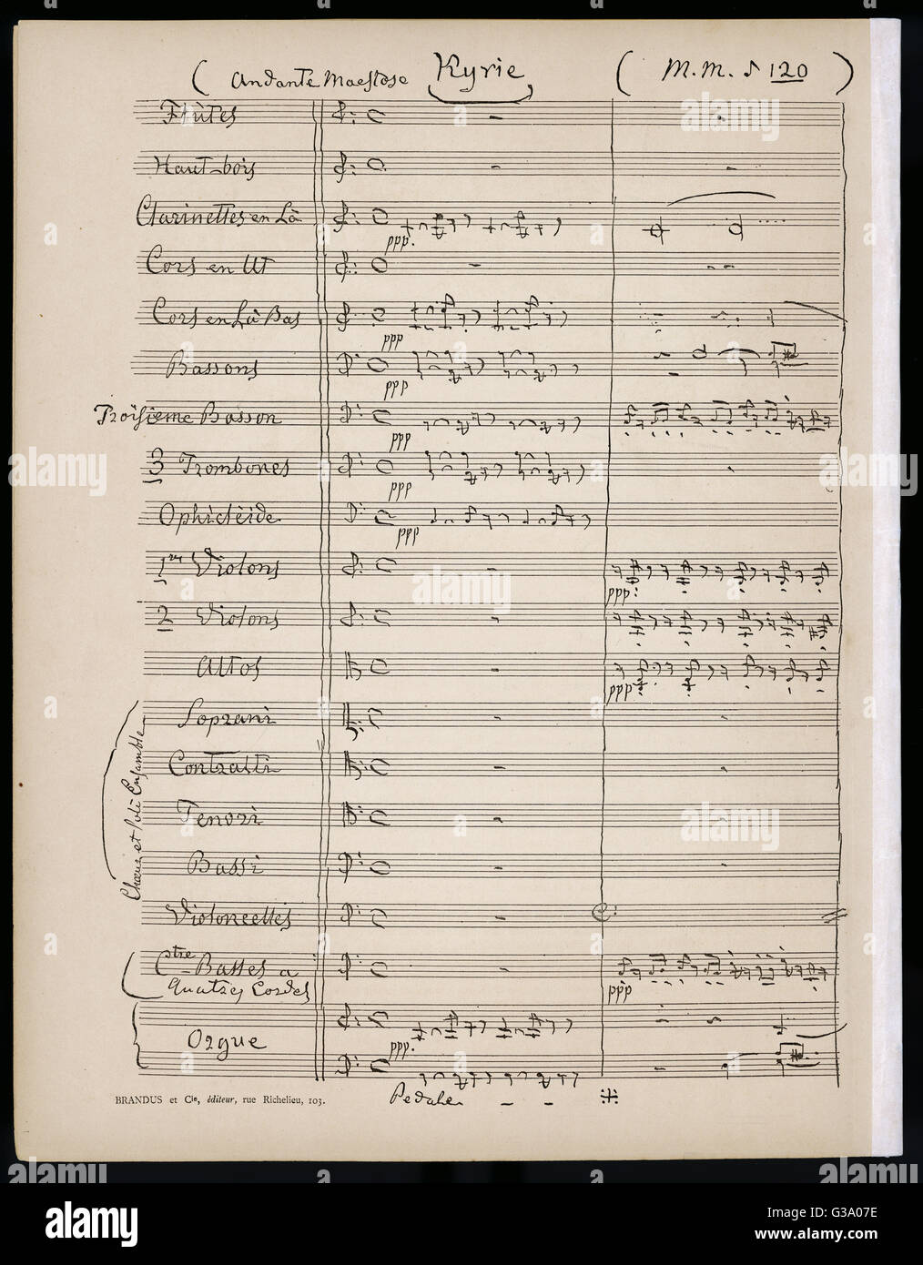 Primera página de una partitura orquestal, listado completo de viento-madera, latón, cadenas, cuatro-Coro y órgano Fecha: siglo XIX Foto de stock