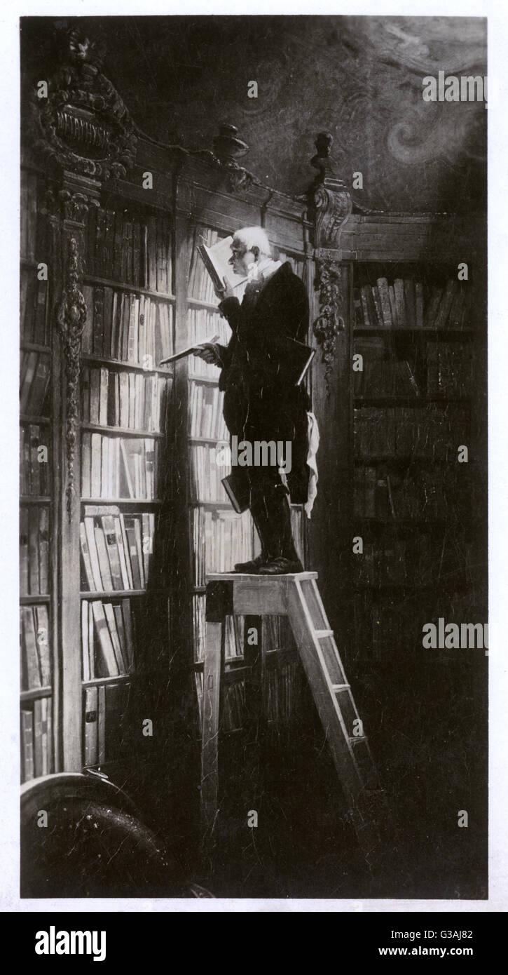 Una reproducción monocromo de Carl Spitzweg: 'El Bookroom" que muestra un anciano bookworm emersed en investigación. Fecha: 1850 Foto de stock
