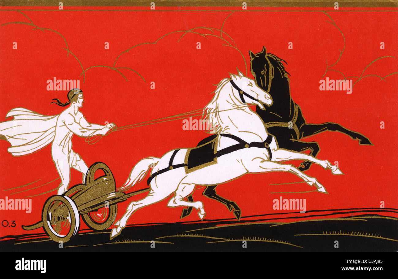 Charioteer griego antiguo con un caballo negro y un caballo blanco Foto de stock
