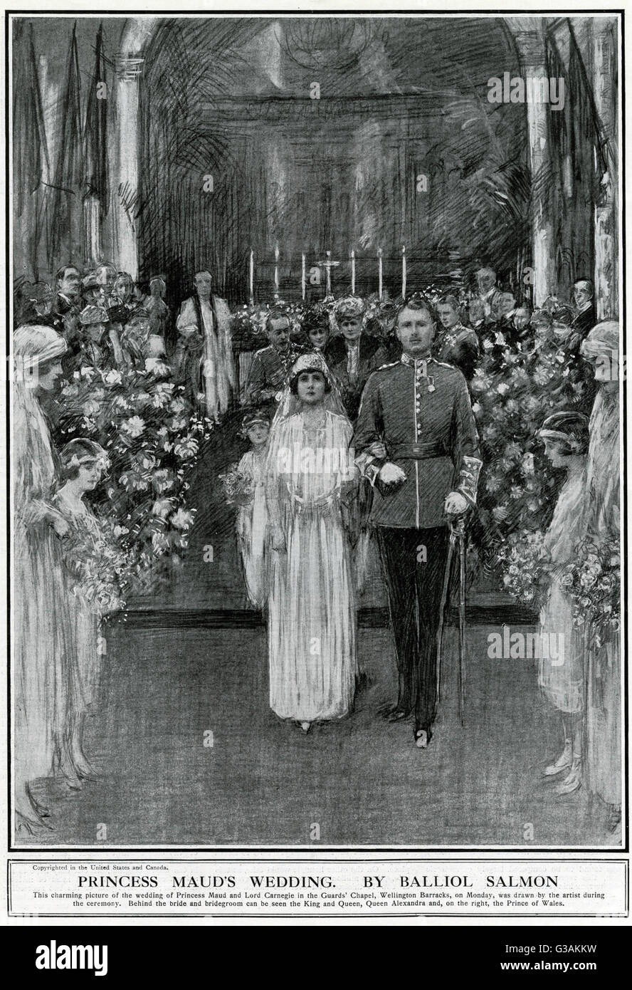 La princesa Maud y Señor Carnegie, 11º Conde de Southesk se casaron en la Capilla Real militar del cuartel de Wellington, Londres. Detrás de la novia y del novio puede verse el rey Jorge V y la Reina María. La princesa Maud fue un miembro de la Familia Real Británica, g Foto de stock