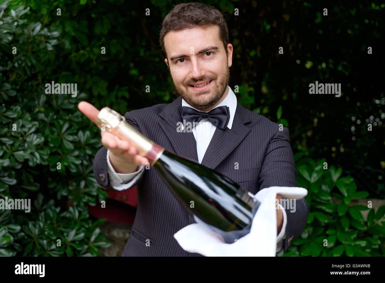 Camarero profesional en uniforme está sirviendo champán Foto de stock