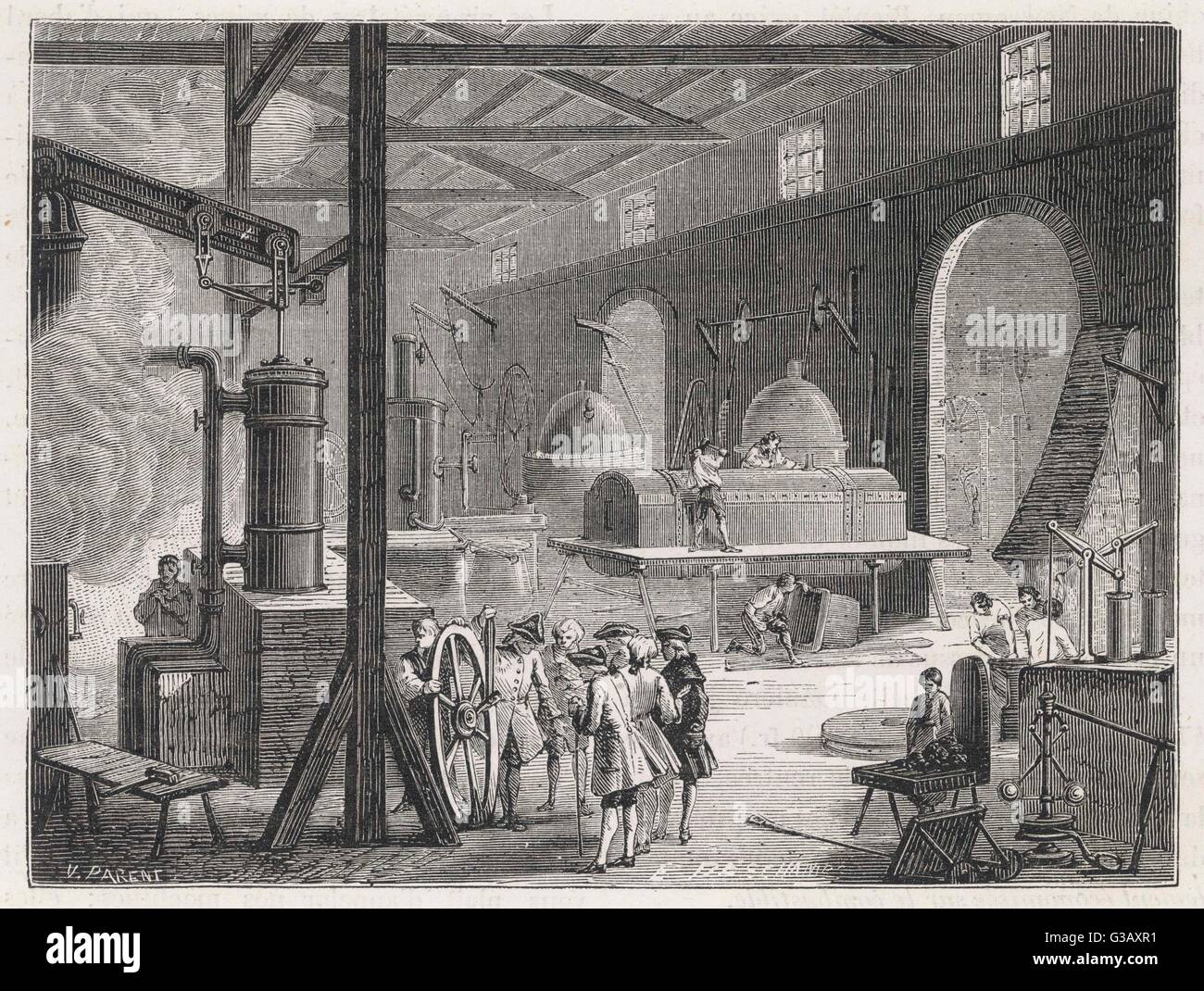 Una vista interior de Boulton y Watt's Steam Engine Works en Soho, Birmingham. Foto de stock