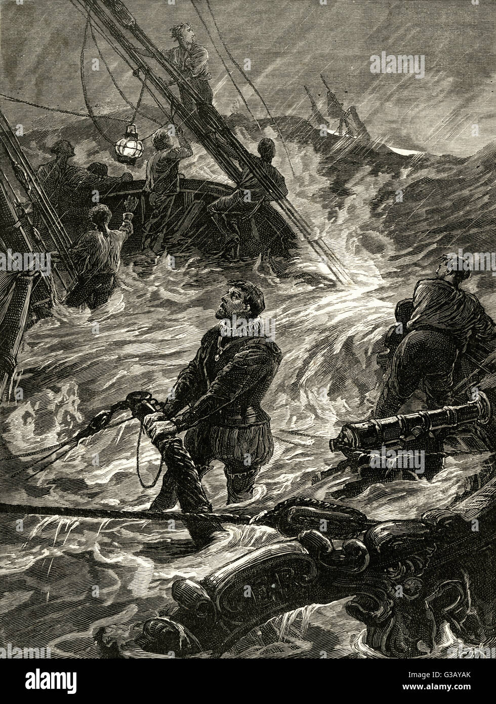 SIR HUMPHREY GILBERT está sumergida en una tormenta en las Azores Fecha: 1539 - 1583. Foto de stock