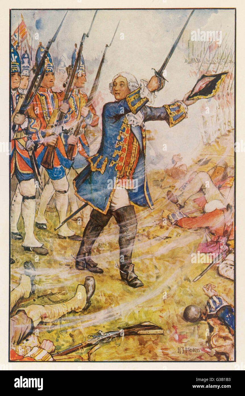 Jorge II, REY DE INGLATERRA, conduce a sus hombres a la batalla, logró derrotar a un ejército francés mucho mayor en Dettingen durante la Guerra de Sucesión Austríaca Fecha: 27 de junio de 1743 Foto de stock