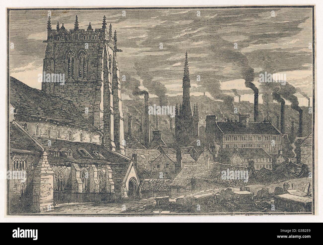 Bradford, Yorkshire: una iglesia y fumar chimeneas Fecha: 1882 Foto de stock