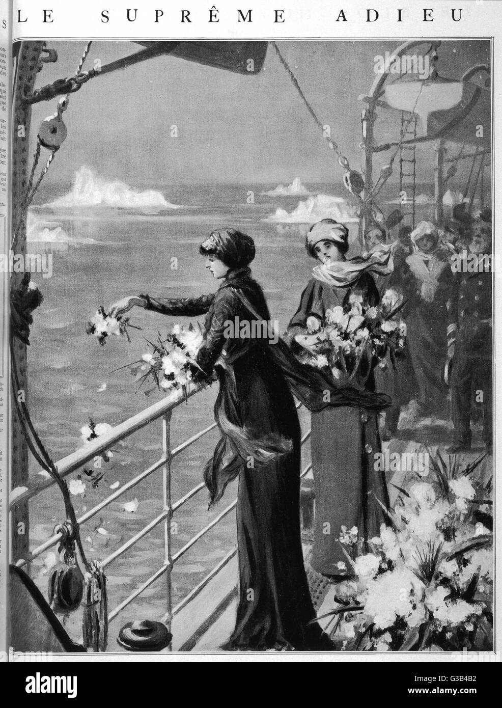 La Sra. Henrietta Loring, cuyo marido murió ahogado en el naufragio del 'Titanic', viaja al sitio y lanzan flores al mar como su último adiós Fecha: 1912. Foto de stock