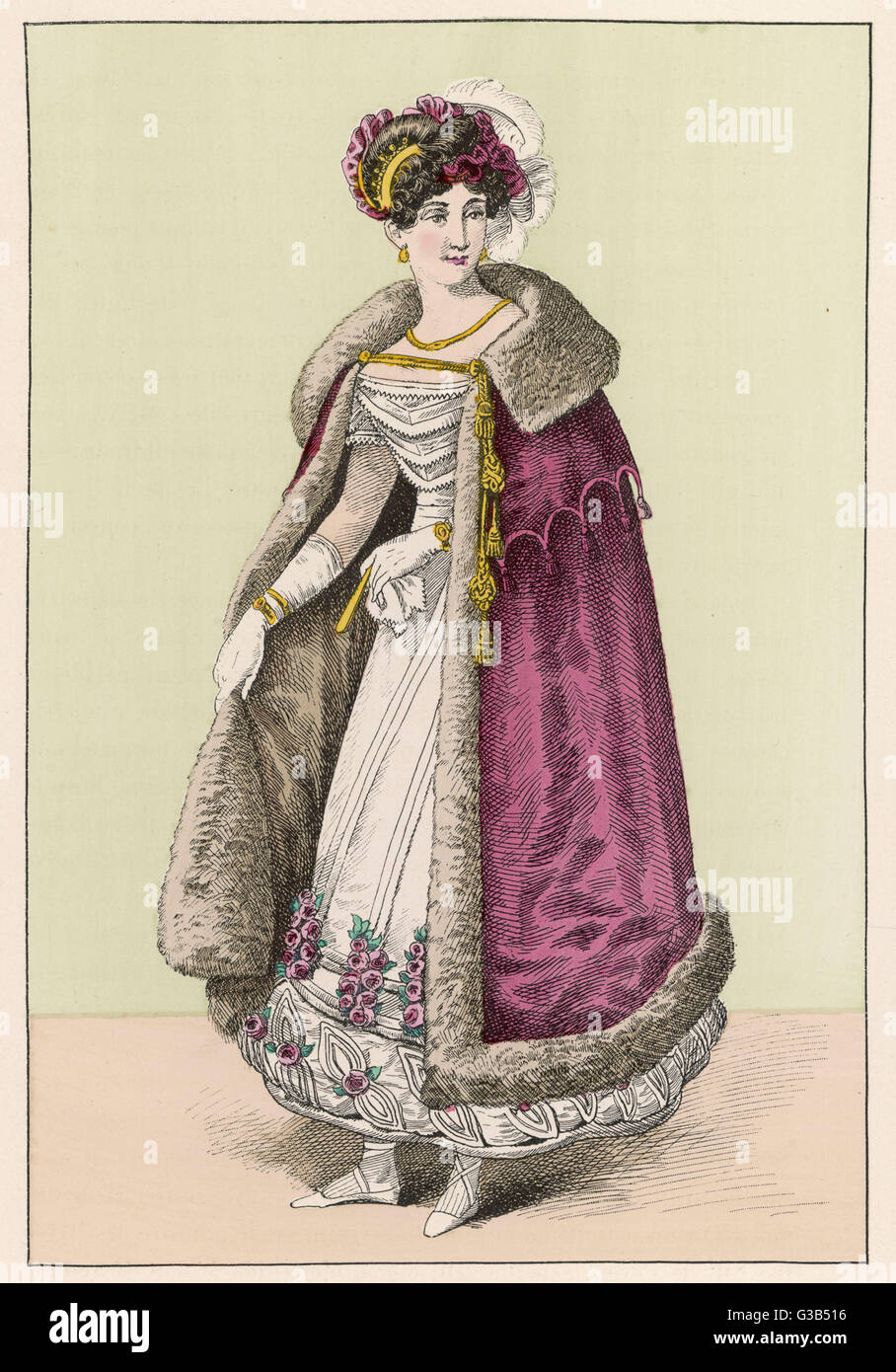 Dama francesa lleva una túnica blanca el dobladillo de que está adornado con cubitos, rouleaux, aplicado en forma foliar recortar &Amp; racimos de rosas rojas. Su manto rojo está forrada con piel. Fecha: 1821 Foto de stock