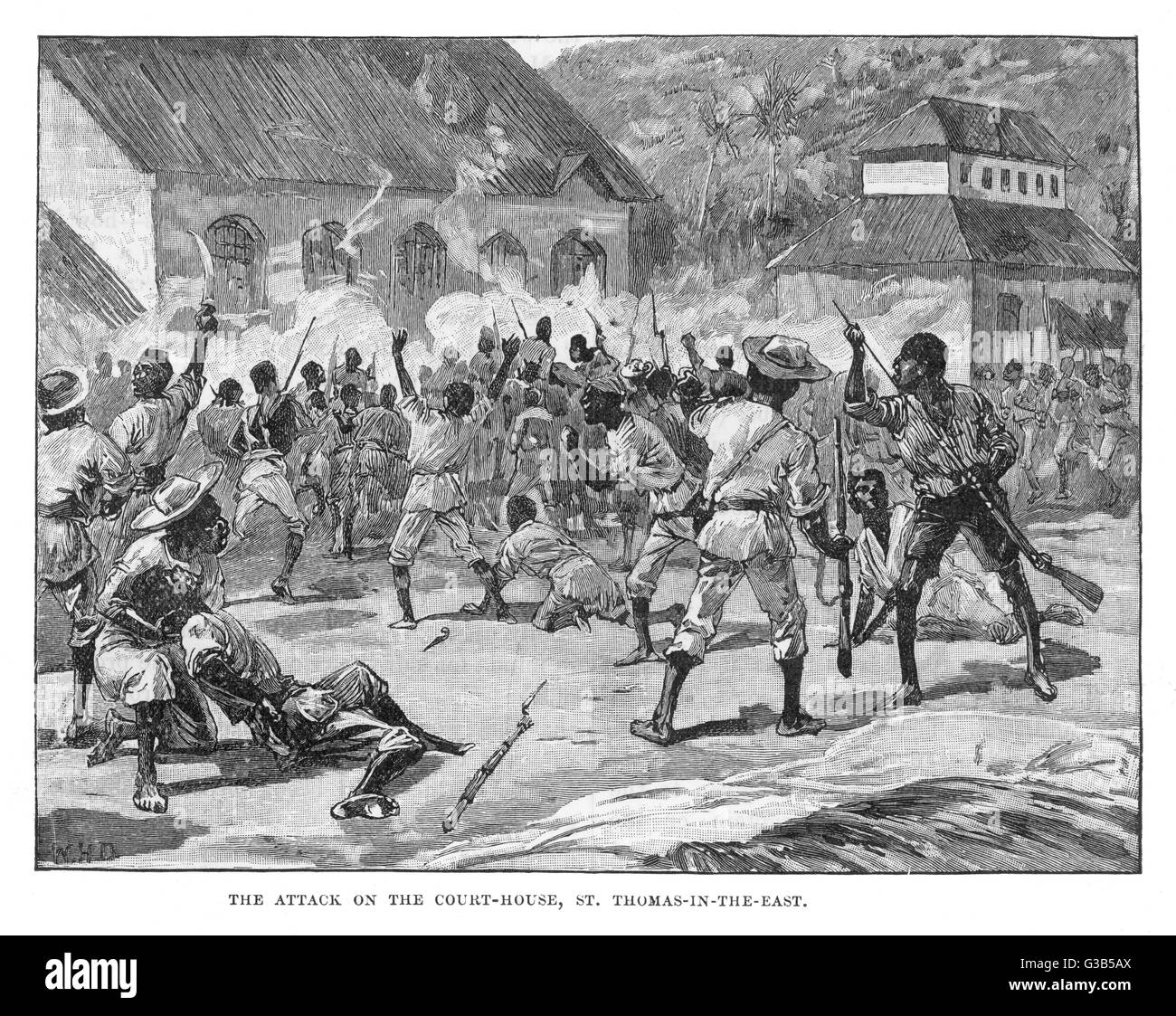 Una turba de nativos storm y prendieron fuego a los juzgados en Morant Bay, St. Thomas en el Oriente Fecha: 1865 Foto de stock