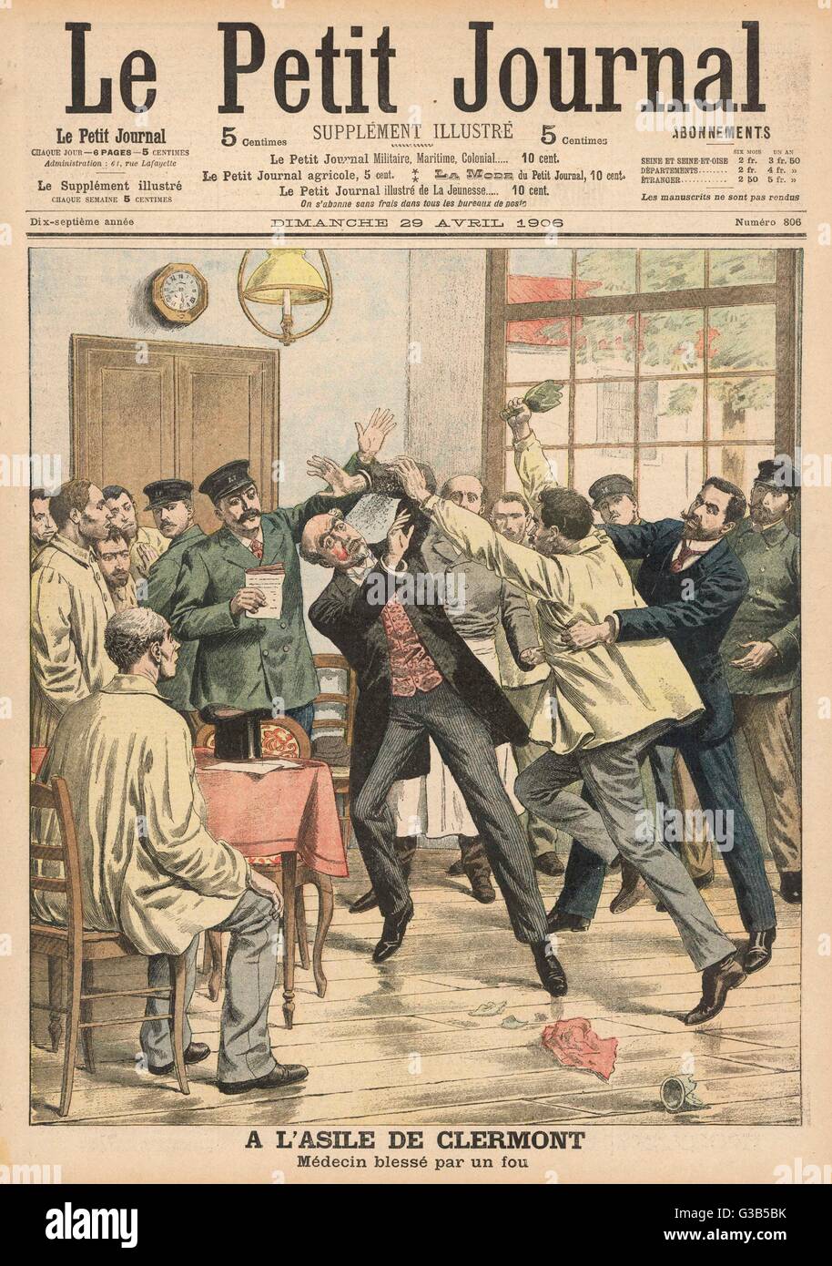 Paciente mental ataca a un médico en el hospital de Clermont en Francia Fecha: 1906 Foto de stock
