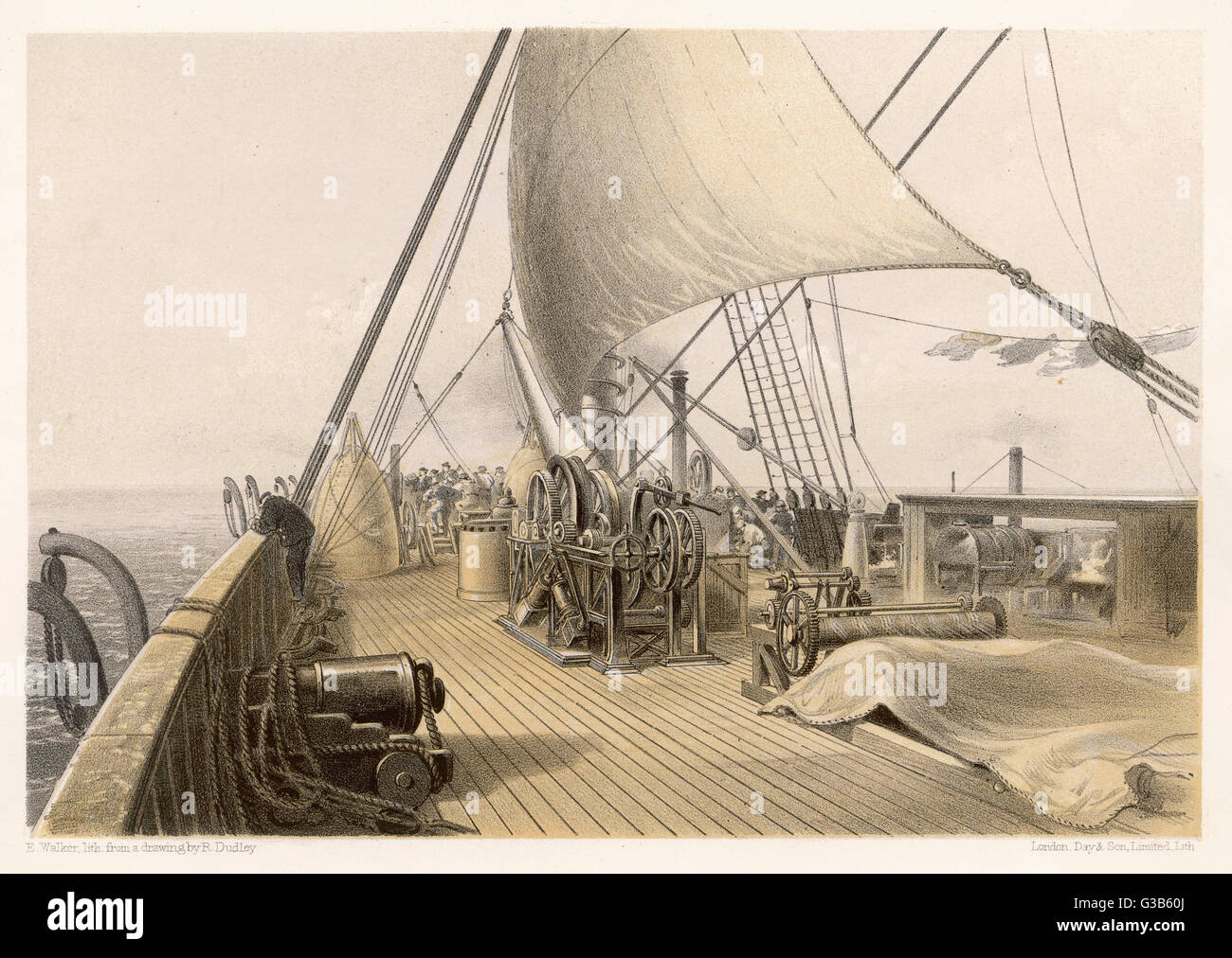 Los ingenieros de la tripulación y el clúster en los arcos del "Great Eastern" como se realiza un último intento para lidiar el cable roto desde el lecho del mar. Fecha: 11 de agosto de 1865. Foto de stock