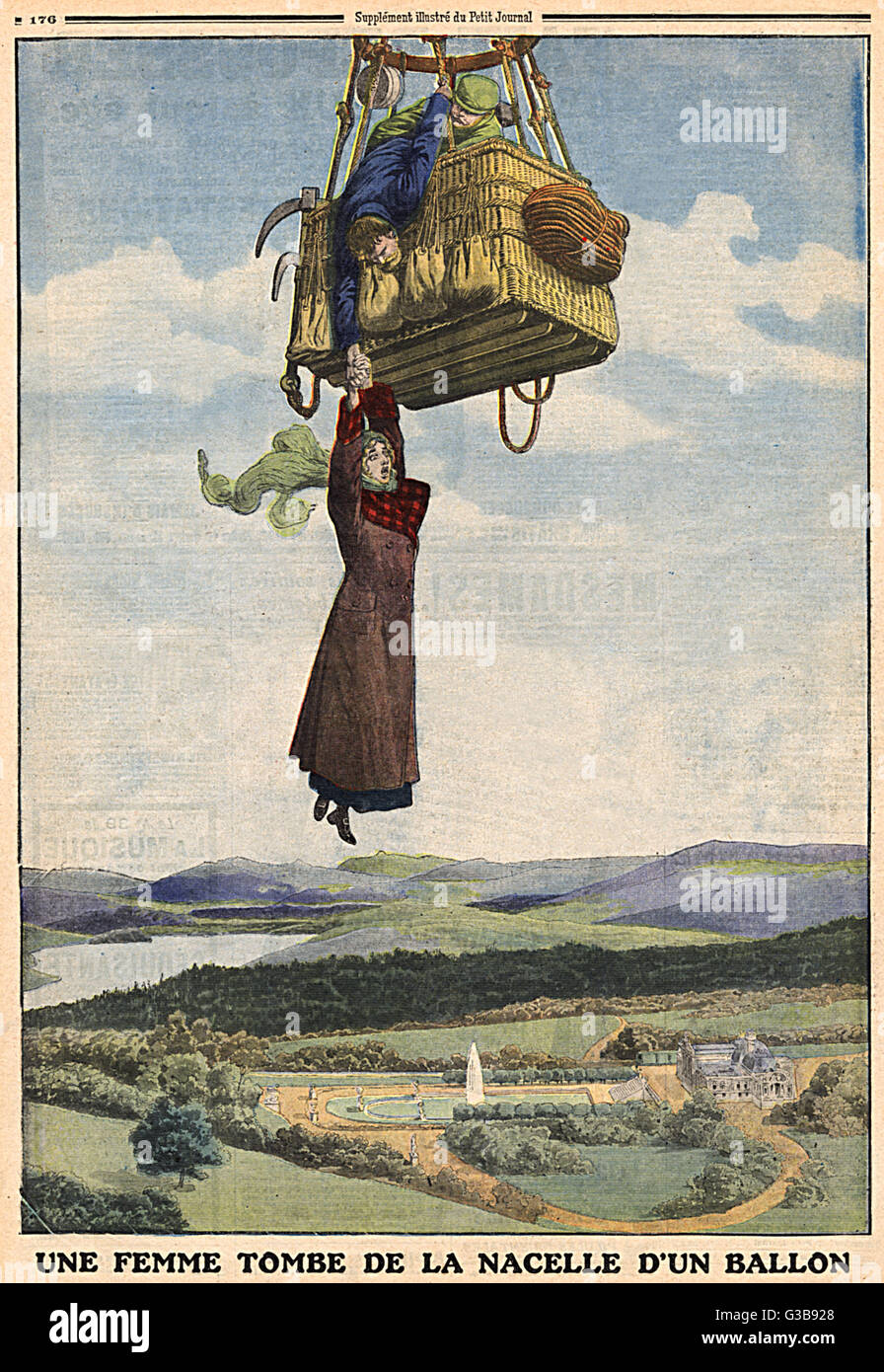 Cuando un suizo sugerencias de globo, una pasajera de repente cae : su compañero agarra y sostiene su tanto tiempo como pueda, pero en fin.. Fecha: 1913 Foto de stock