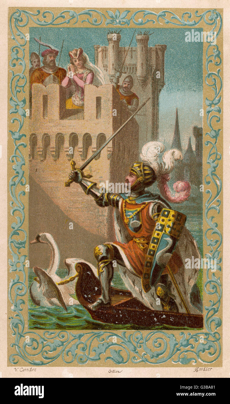 Mito francés: El Caballero del cisne viene al rescate de la princesa de Cleves. Fecha: Siglo VIII. Foto de stock