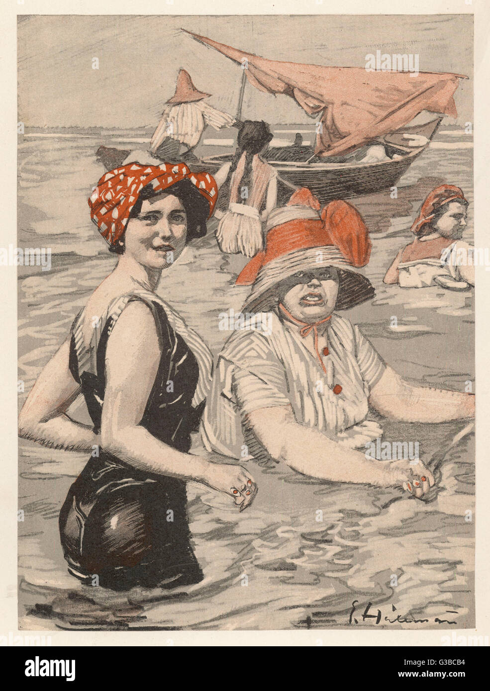 Bañarse Bañarse y dama-mujer. Fecha: circa 1913 Foto de stock