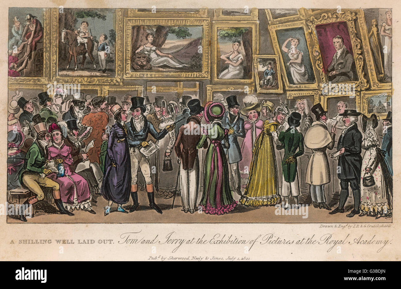Los amantes del arte de moda asistir a una exposición en la Royal Academy. Fecha: Primera publicación: 1820 Foto de stock