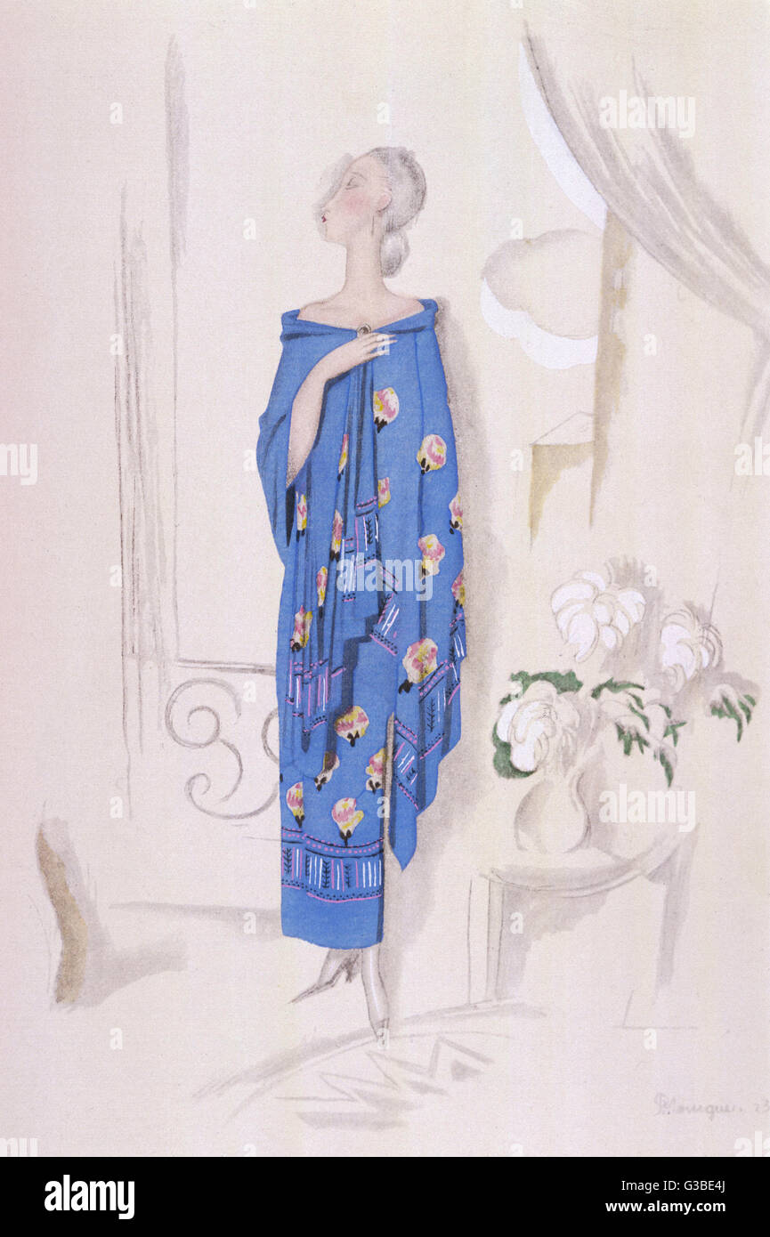 Estilo tubular Vestido bustier &Amp; equiparación mantón en azul con un estilizado motivo floral &Amp; frontera por Rodier. Fecha: 1923 Foto de stock