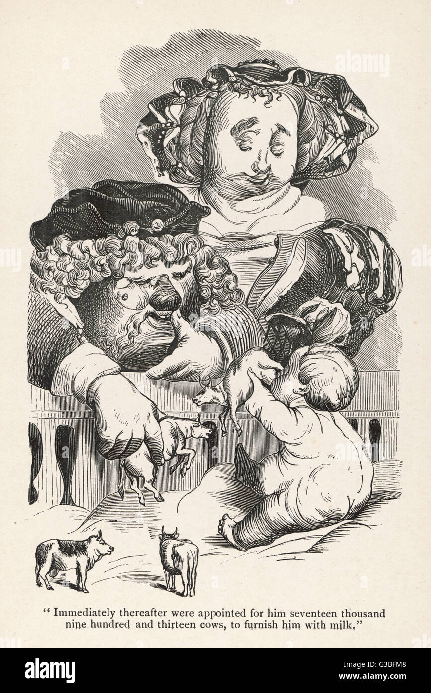 Gargantua bebé alimentado con leche (chupando de las ubres de las vacas)... Primera publicación: 1532-64 Foto de stock