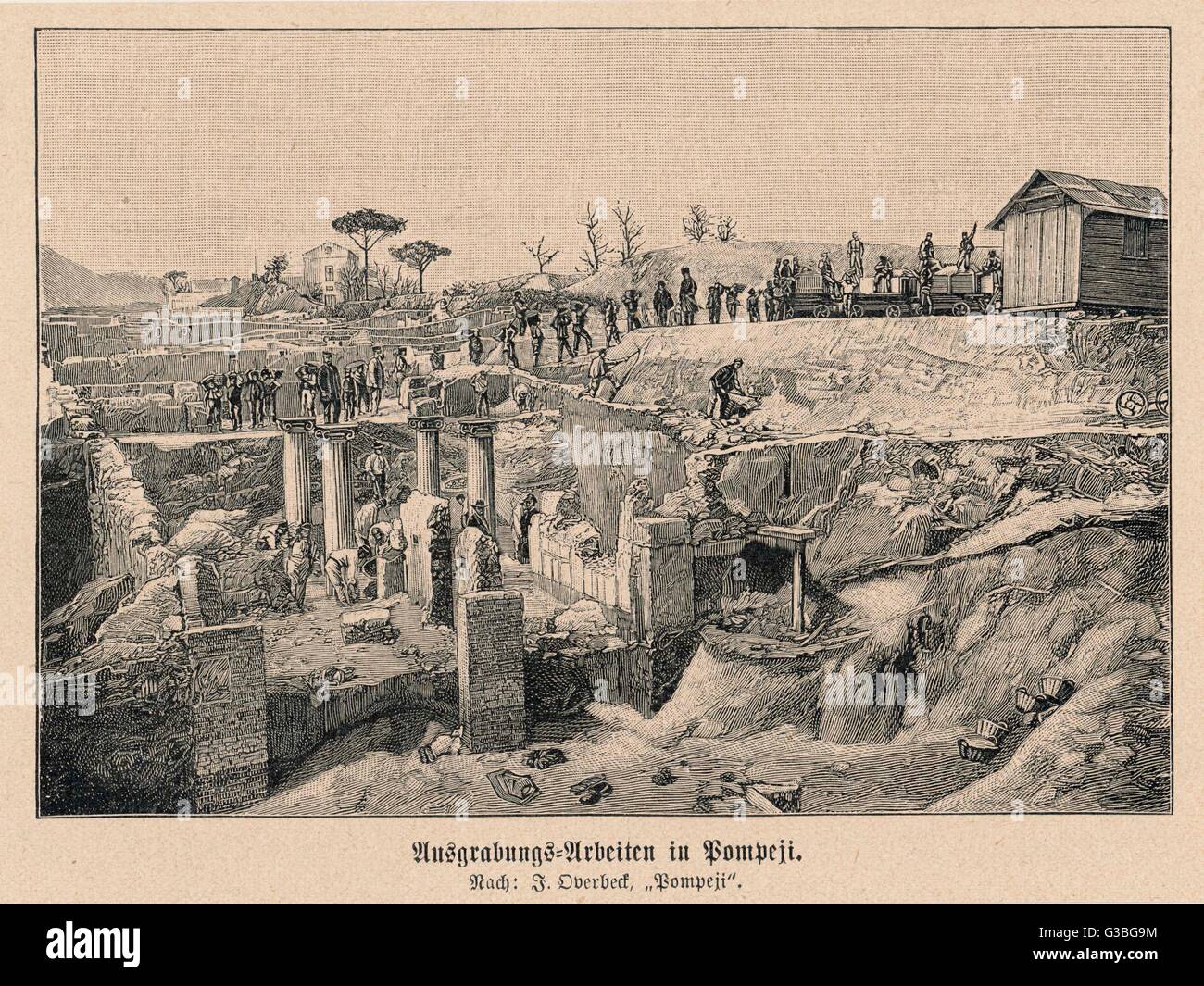 Los trabajos de excavación en el sitio de la ciudad de Pompeya. Fecha: Siglo XIX. Foto de stock