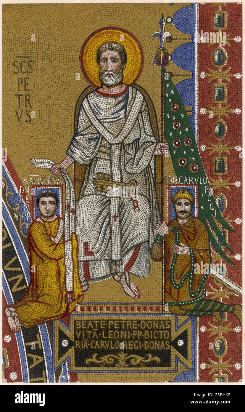 Mosaico que representa San Pedro, desde el palacio del Papa León III, Roma. Fecha: Siglo IX. Foto de stock