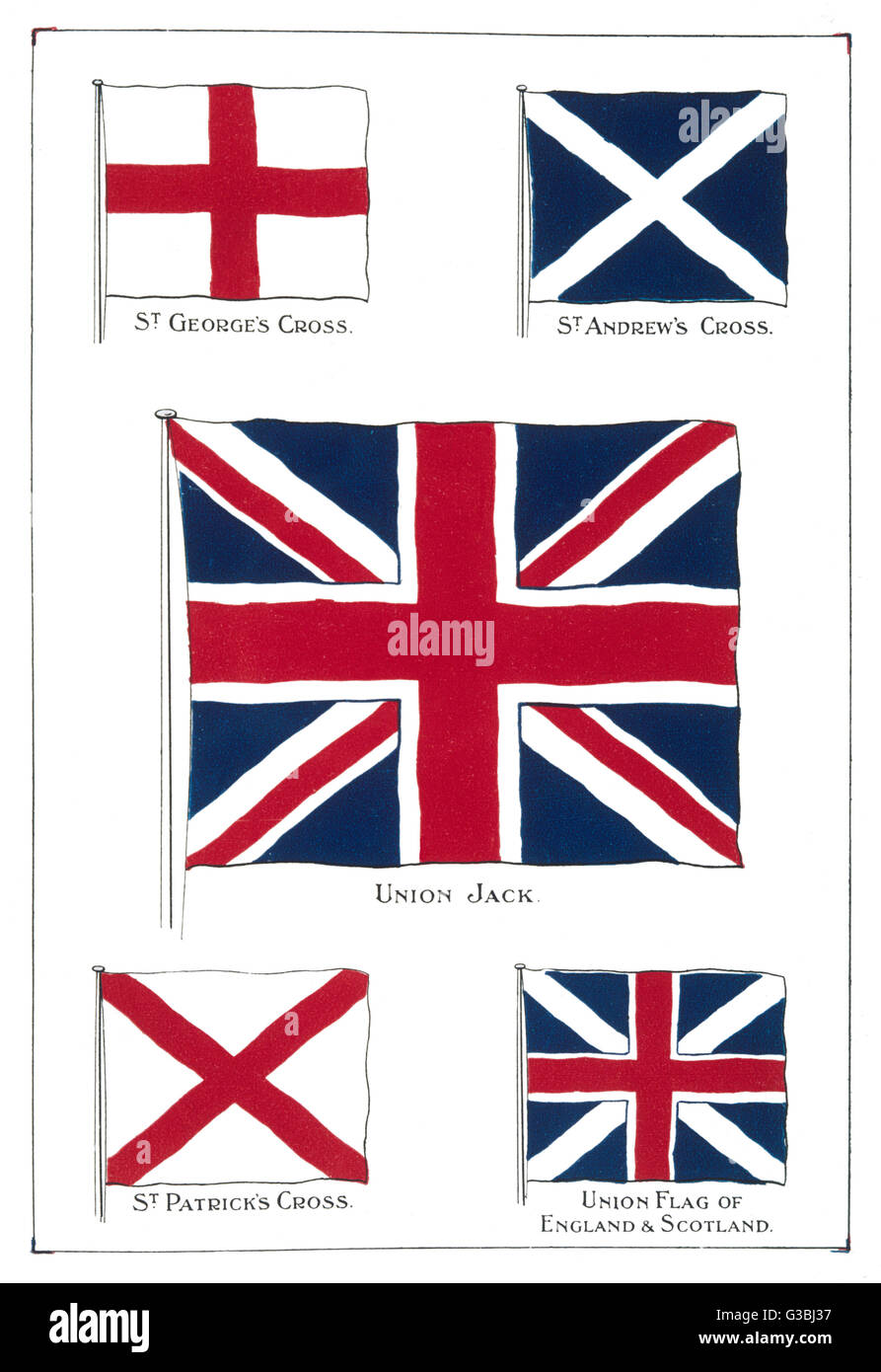 Banderas del Reino Unido - la Union Jack y sus componentes. Fecha: a finales del siglo XIX. Foto de stock