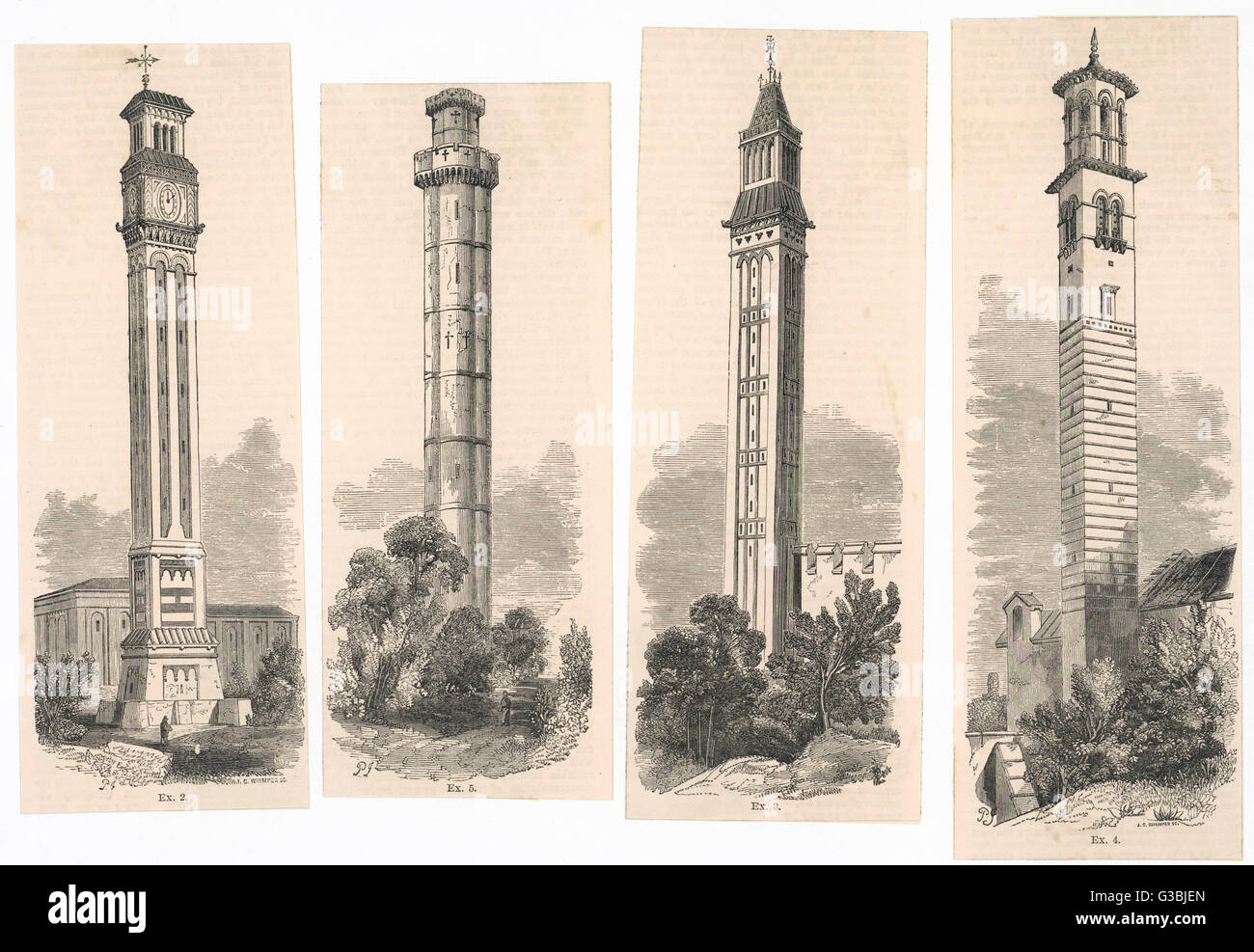 Una selección de torres y chimeneas con detalles arquitectónicos Fecha: 1850 Foto de stock