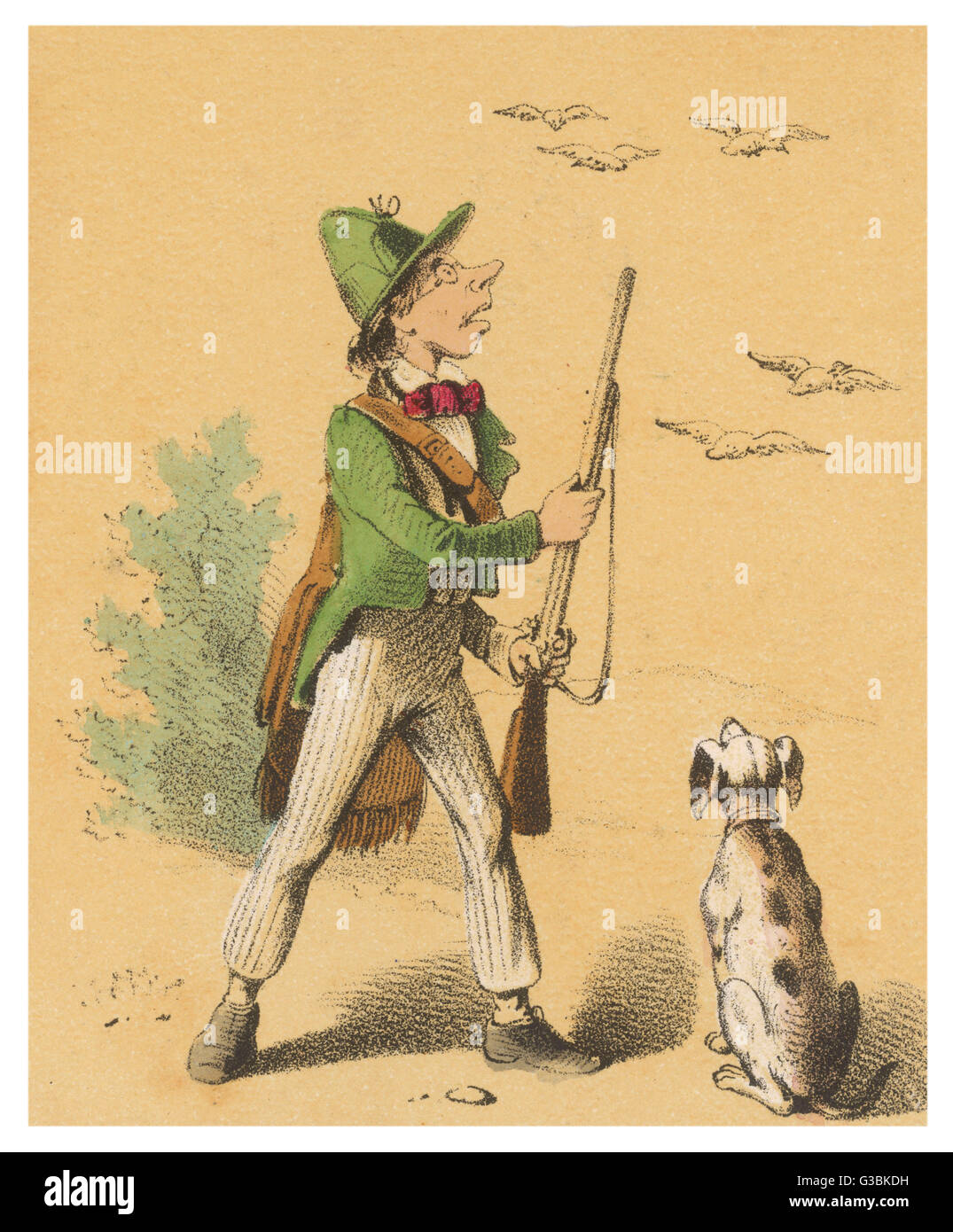 Un cazador y su perro, con aves volando por encima. Fecha: circa 1845 Foto de stock