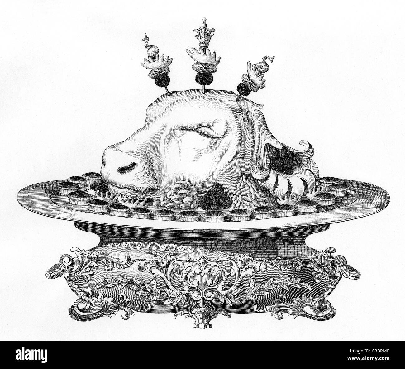Un plato francés muestran decorativamente: una cabeza de ternero, preparado en el estilo de Toulouse. Fecha: 1887 Foto de stock