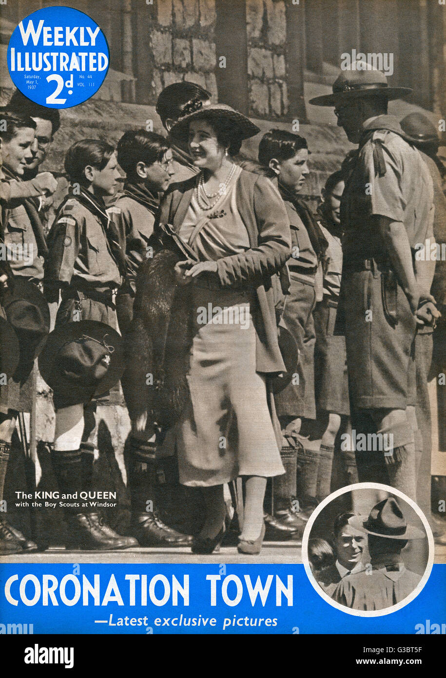 Rey Jorge VI y Reina Isabel con Boy Scouts, Windsor Foto de stock