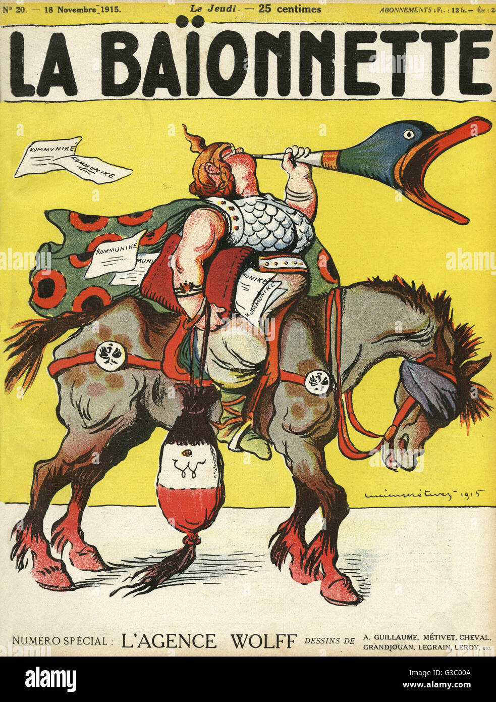 Tapa frontal de la Baionnette, mostrando un caricaturizado alemán sobre un  caballo averiado, distribuyendo folletos. Fecha: 1915 Fotografía de stock -  Alamy