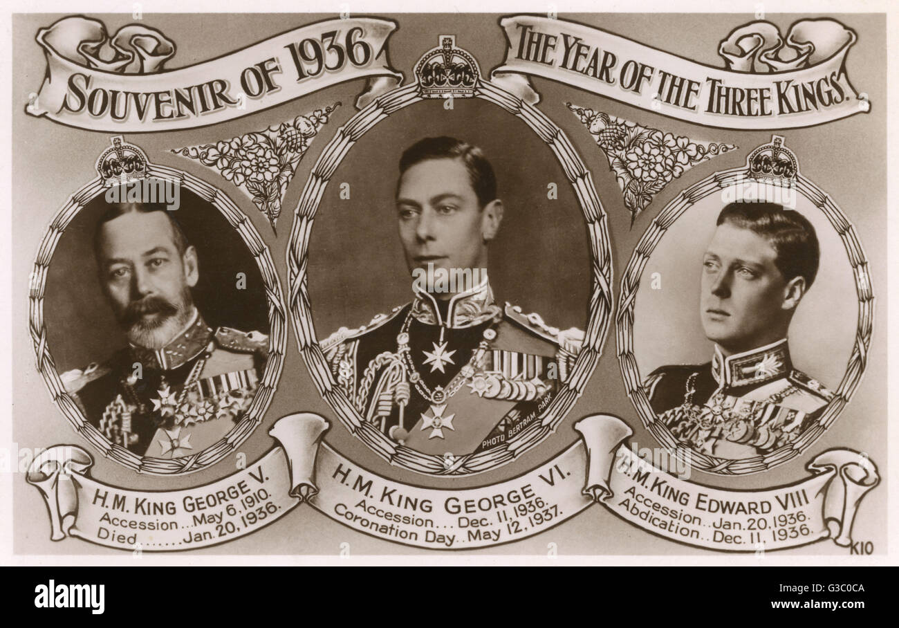 El Año de los Tres Reyes británicos en 1936 - El Rey Jorge V (1865-1936), el Rey Eduardo VIII (1894-1972) y finalmente el Rey George VI (1895-1952). Fecha: 1936 Foto de stock