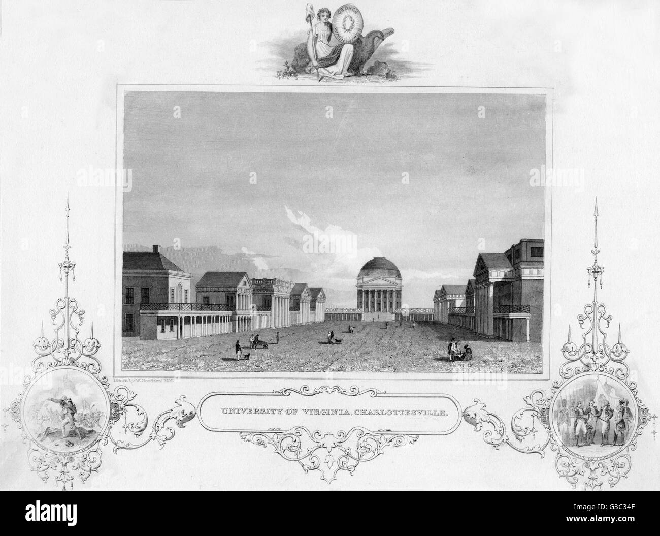 El Césped (parte de Thomas Jefferson de la aldea académica) en la Universidad de Virginia, una obra maestra de la arquitectura palladiana, con la Rotunda como punto focal en el extremo norte del sitio. Grabado en el recuadro de la izquierda ilustra el asalto del Foto de stock