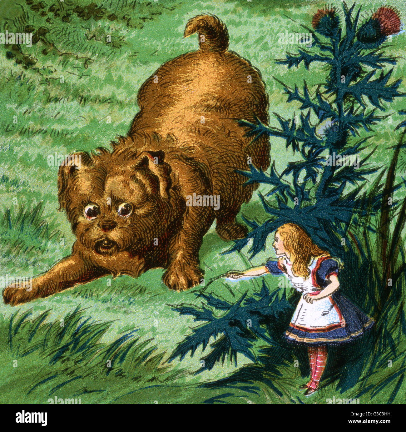 Alice in Wonderland, Alice oculta de un gran cachorro. Fecha: De principios de siglo XX. Foto de stock