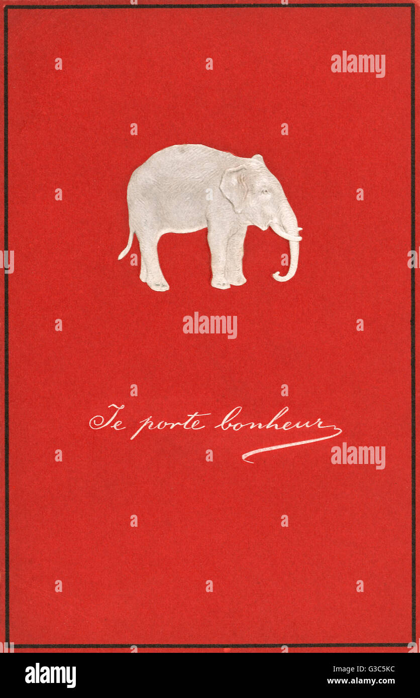 Grabado francés, tarjetas de felicitación con un elefante blanco sobre un fondo rojo. Fecha: circa 1910s Foto de stock