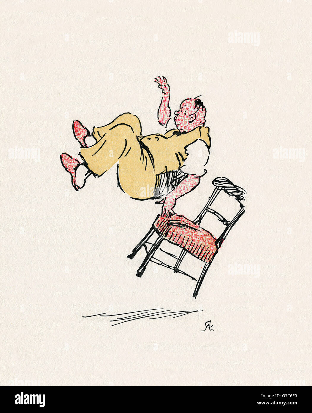 Ilustración, la Sra. Tickler's Caravan, mostrando el ticket hostil al  hombre en el circo volando hacia atrás de la silla después de Mr Tickler  sopla su nariz sobre su magia pañuelo rojo.