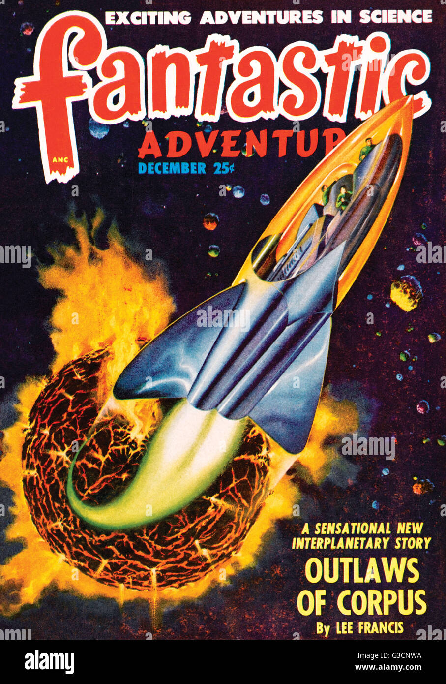 Una nave espacial de blastos lejos de un planeta moribundo en esta fecha la portada de la revista de ciencia ficción: 1948 Foto de stock