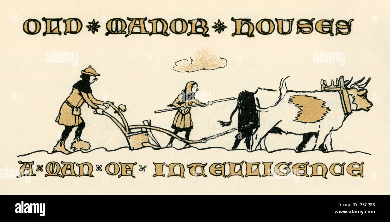 Ilustración por Cecil Aldin, antiguas casas señoriales -- un arado medieval escena. En un antiguo manuscrito el plowman es descrito como un hombre de inteligencia. Fecha: 1923 Foto de stock