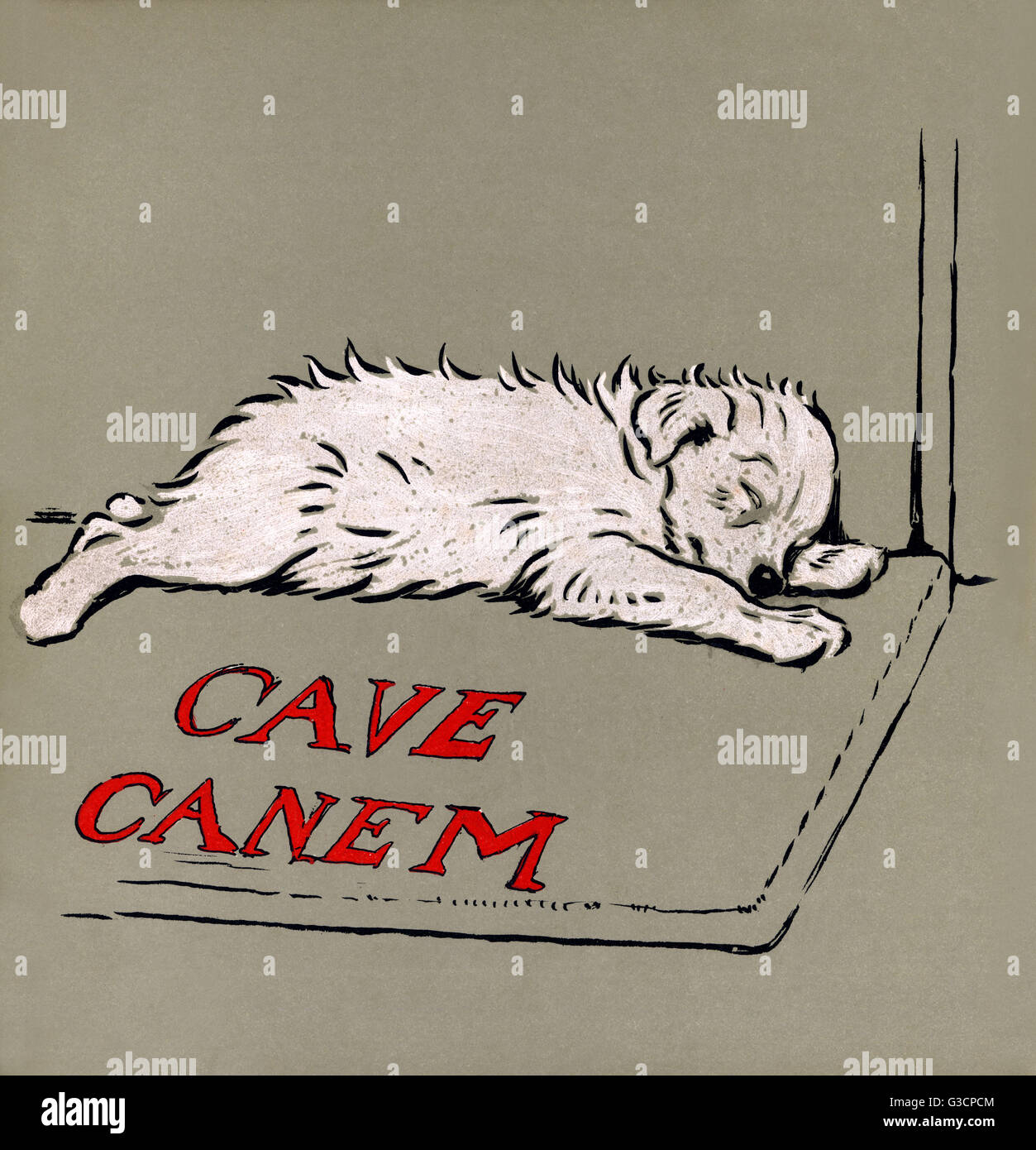 Ilustración por Cecil Aldin, El cachorro Libro Blanco. Bola de nieve se va a dormir al final de un ajetreado día en una estera etiquetados Cave Canem (cuidado con el perro). Fecha: 1909 Foto de stock