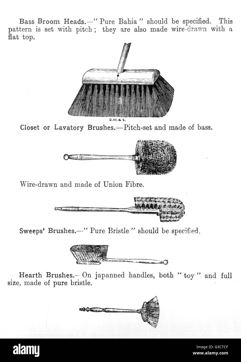 Una selección de cepillos del hogar- de arriba a abajo: Bass Escoba jefes; armario o cepillos de inodoros; Barre' Hearth pinceles; y pinceles. Fecha: c. 1910 Foto de stock