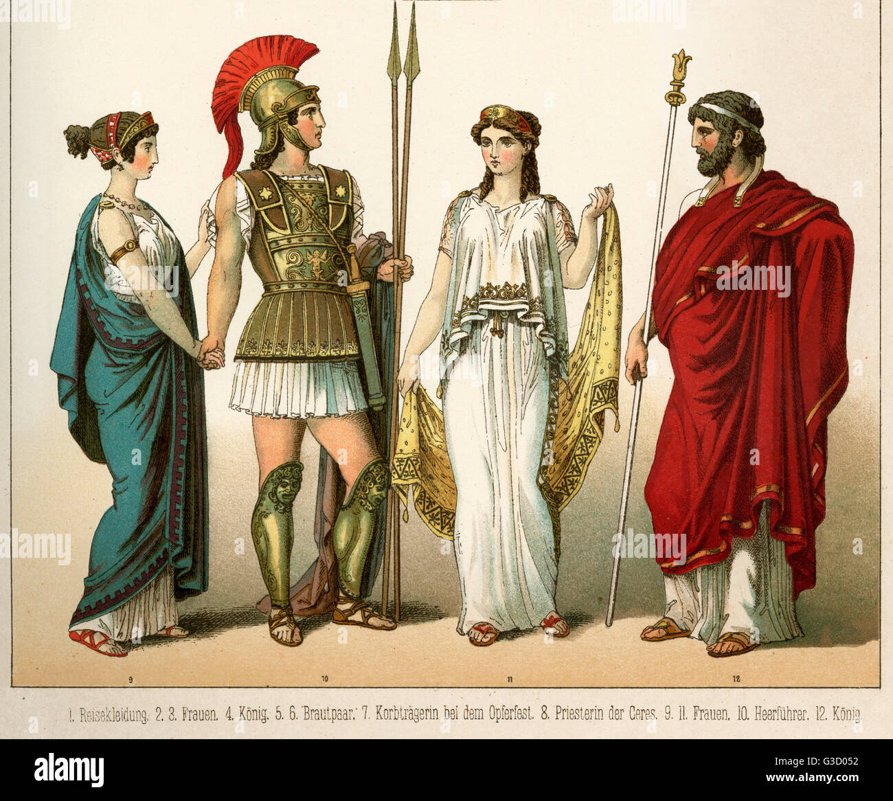 La antigua Grecia traje, vistiendo quitón, guerrero con armadura y casco, peplum blanca túnica y himation manto. Fecha: circa 500 A.C. Foto de stock