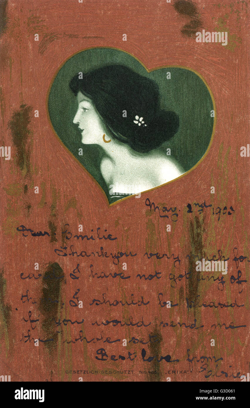 Tarjeta francesa estilizada con retrato de perfil en un corazón Foto de stock