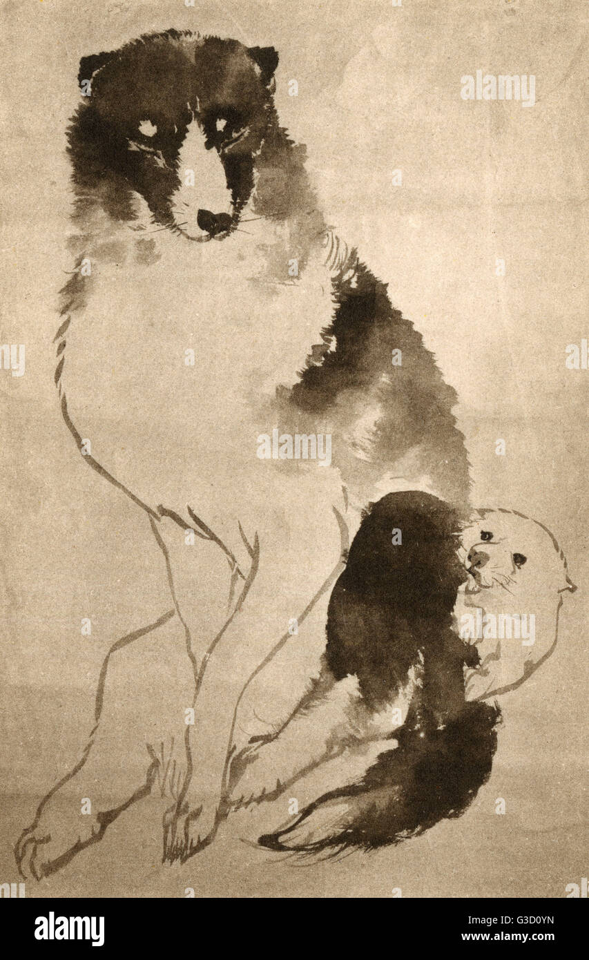 Reproducción de una pintura por Watanabe Nangaku (1767-1813) titulado: "garra y Puppy'. Fecha: en torno a finales del siglo xviii Foto de stock