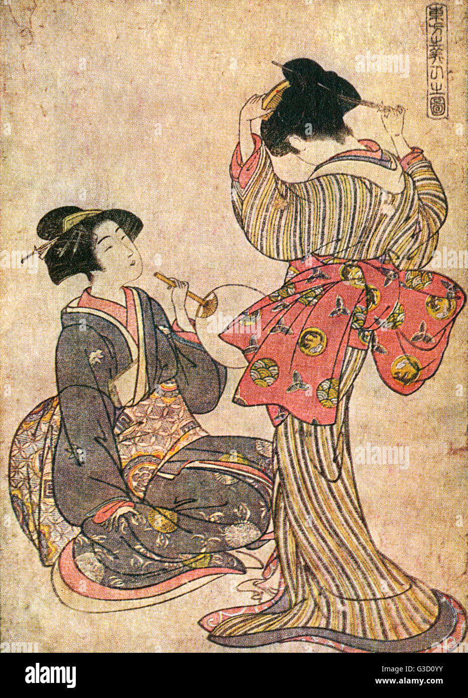 Reproducción de una xilografía por Kitao Shigemasa (1739-1820) titulado: "Dos niñas. Fecha: en torno a finales del siglo xviii Foto de stock