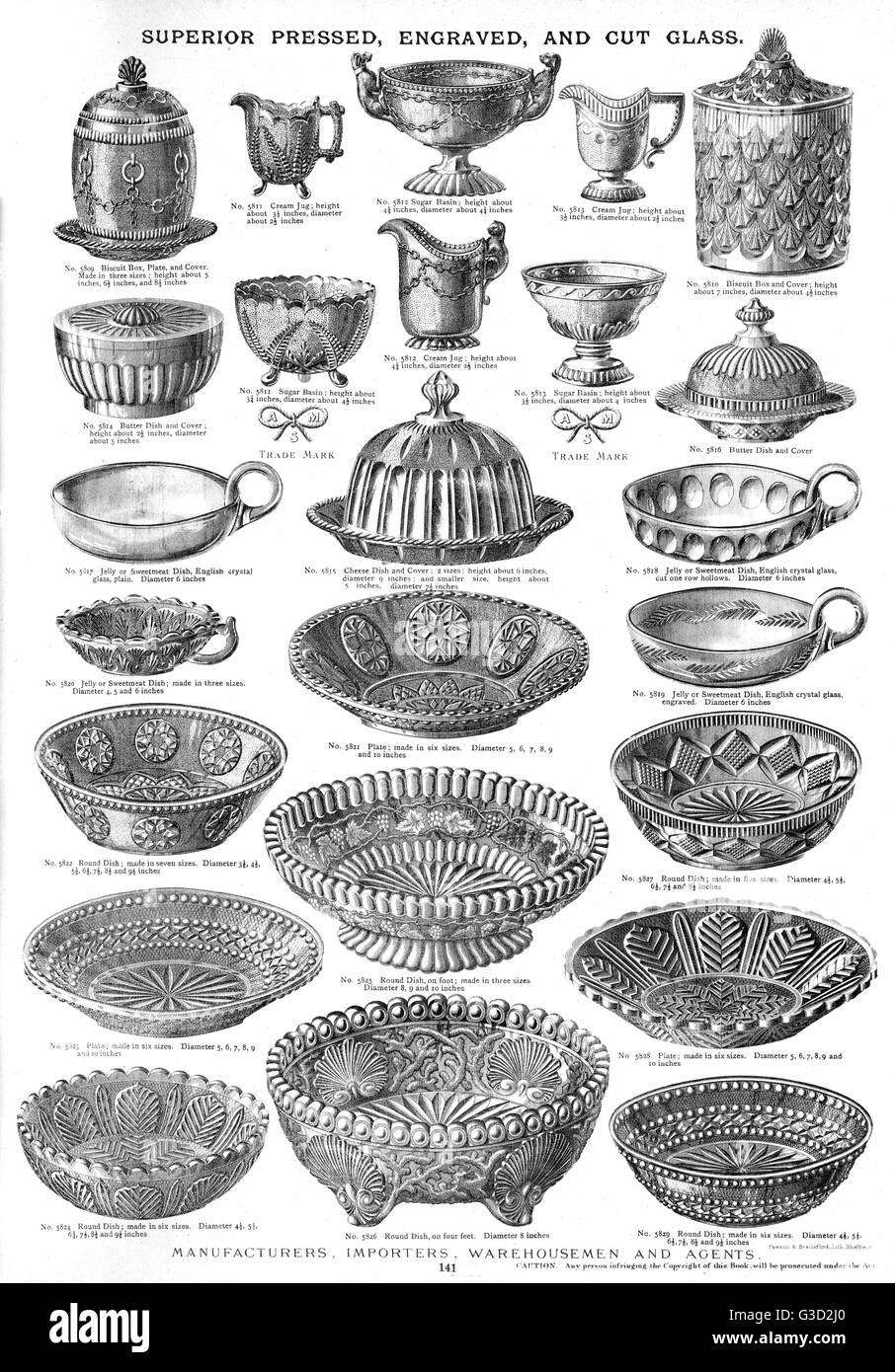 Pulsa superior, corte y grabado, placa de vidrio 141, mostrando una gama de jarras, tazones, platos, jarras y recipientes en diferentes estilos y tamaños. Fecha: circa 1880 Foto de stock